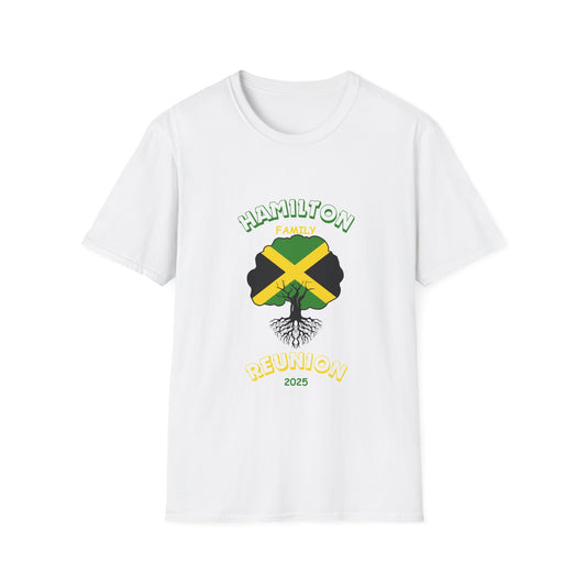 Hamilton Family Reunion 2025 T-Shirt | Unisex Softstyle Tee with Jamaican Roots Design